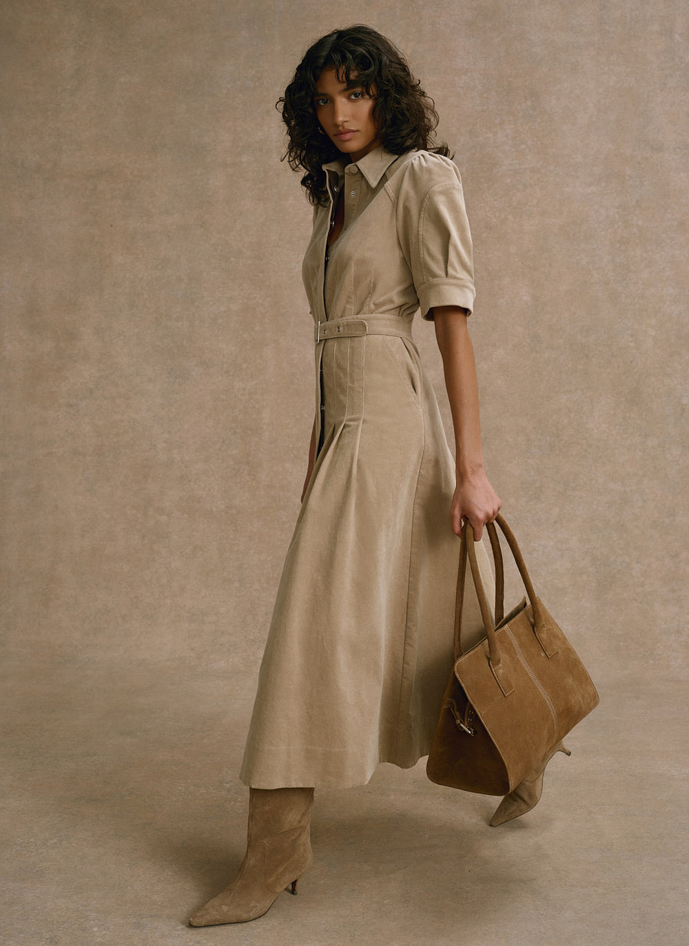 Neutral Corduroy Belted Midi Dress