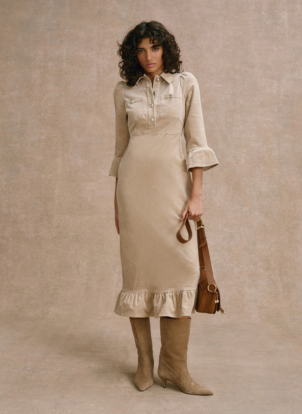 Neutral Corduroy Midi Dress