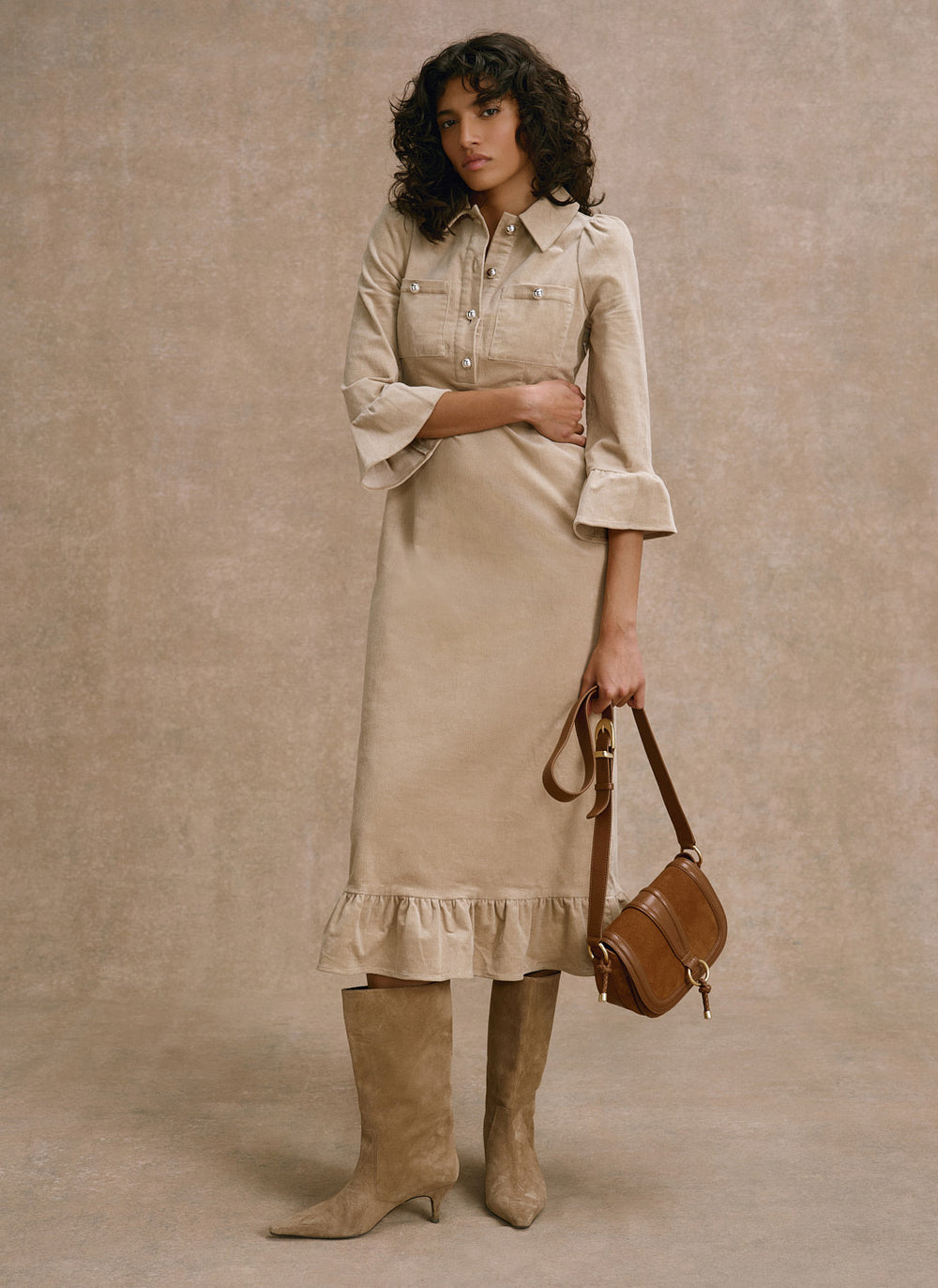 Neutral Corduroy Midi Dress