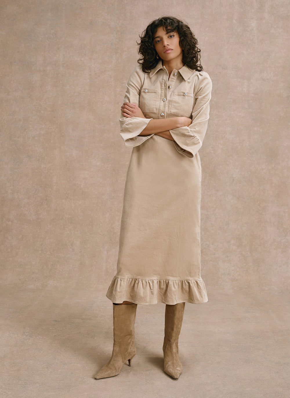 Neutral Corduroy Midi Dress