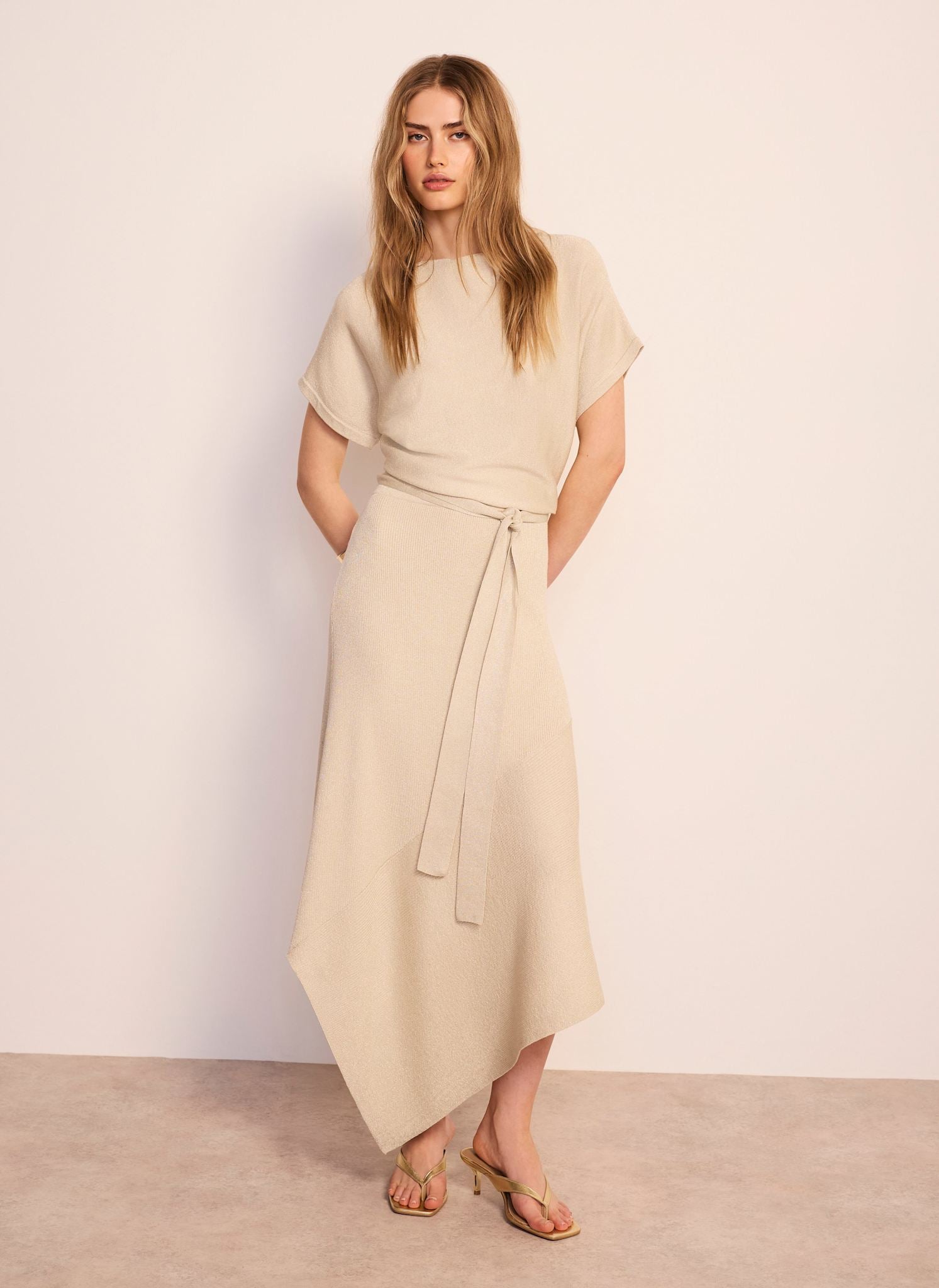 Neutral Metallic Asymmetric Knit Midi Dress