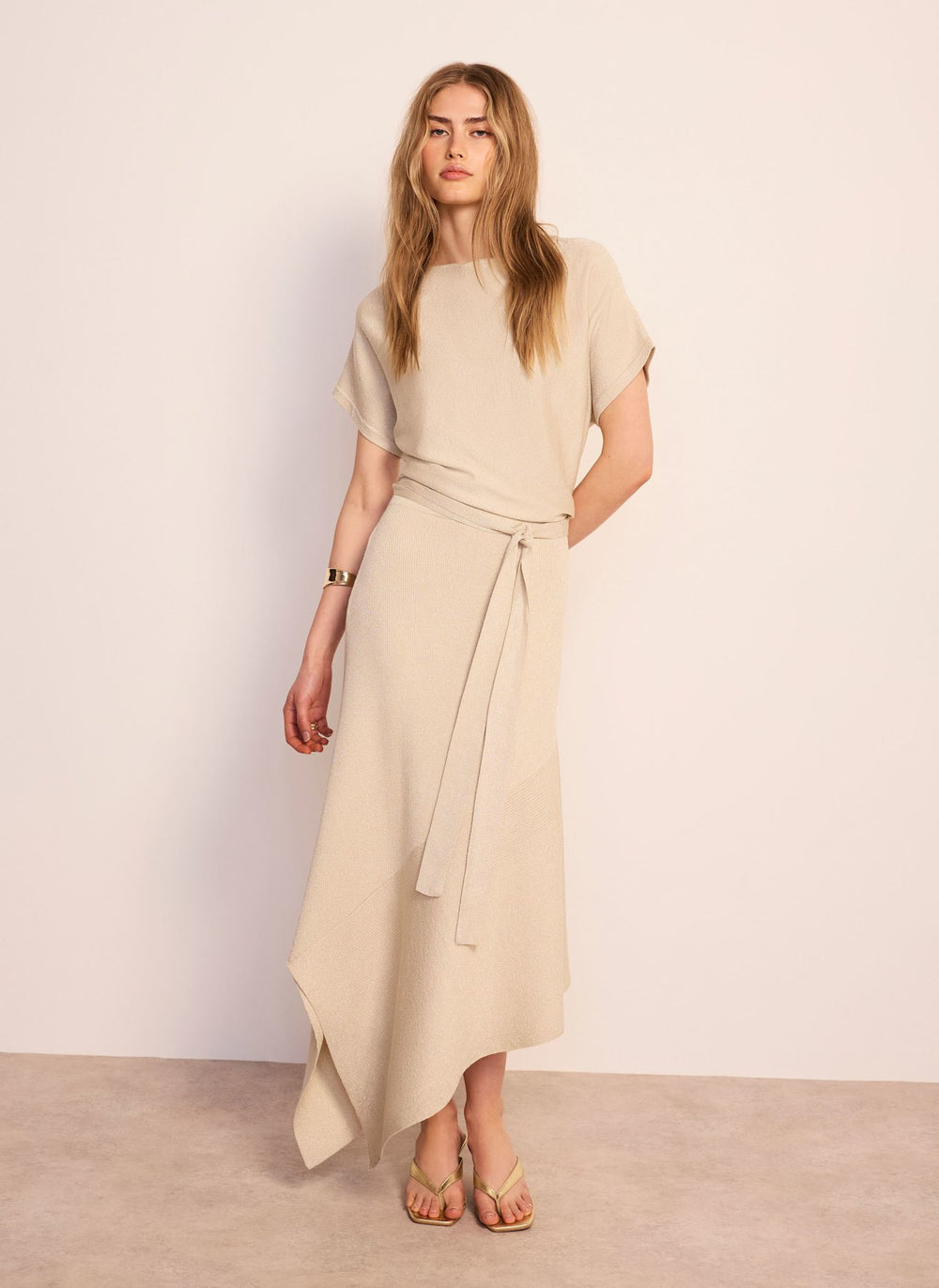 Neutral Metallic Asymmetric Knit Midi Dress – Mint Velvet