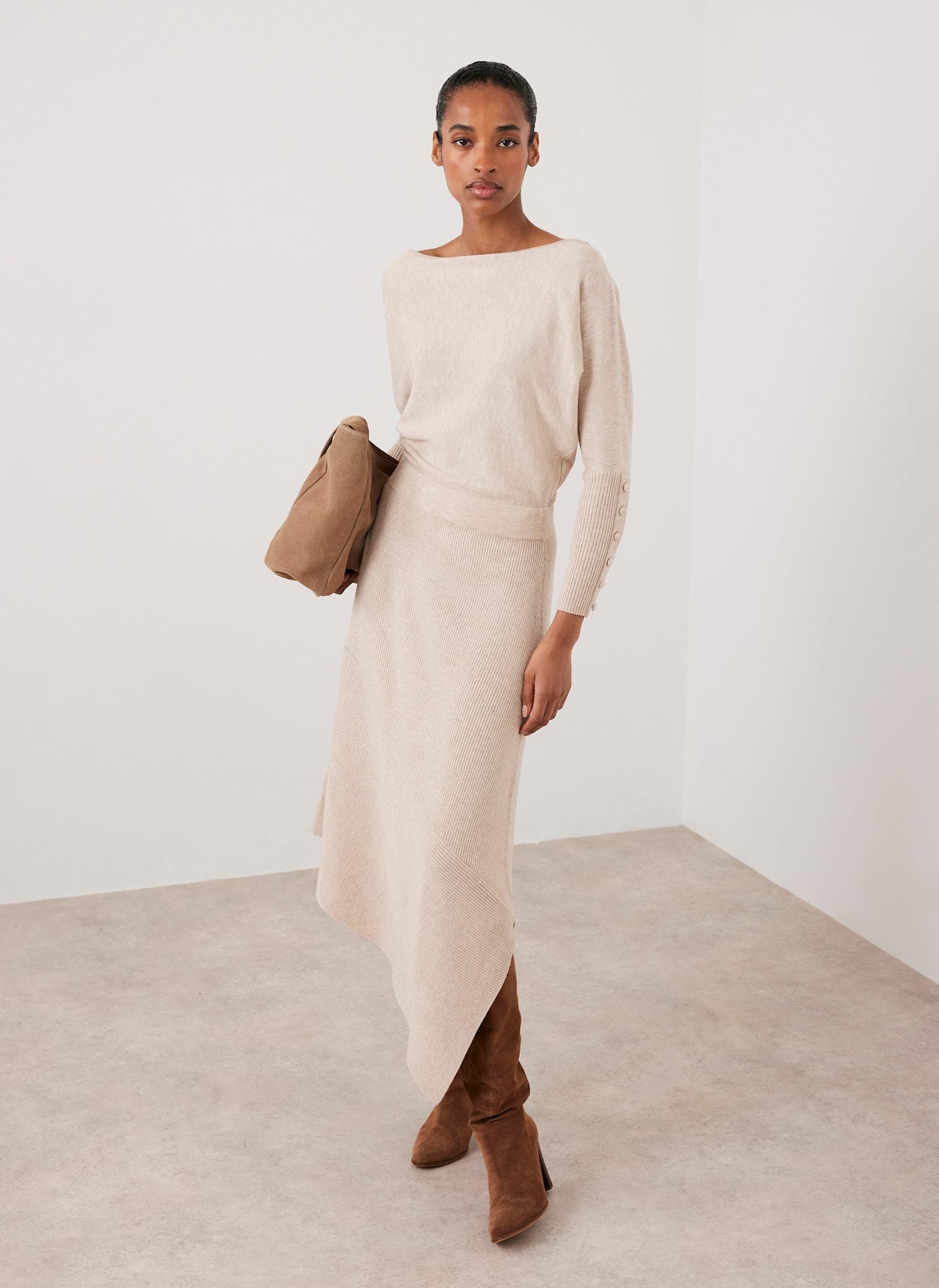 Neutral Batwing Asymmetric Knit Maxi Dress – Mint Velvet