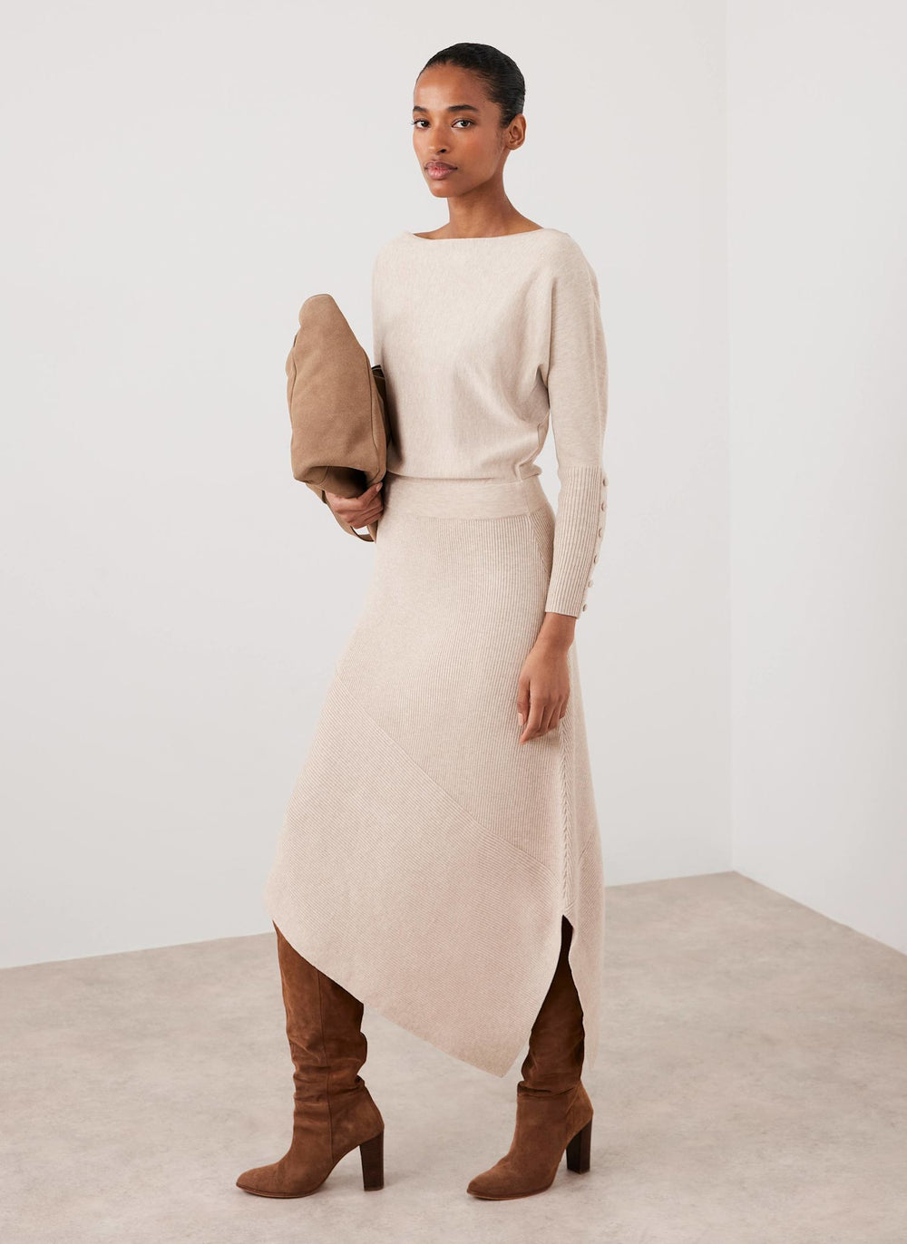 Neutral Batwing Asymmetric Knit Maxi Dress – Mint Velvet