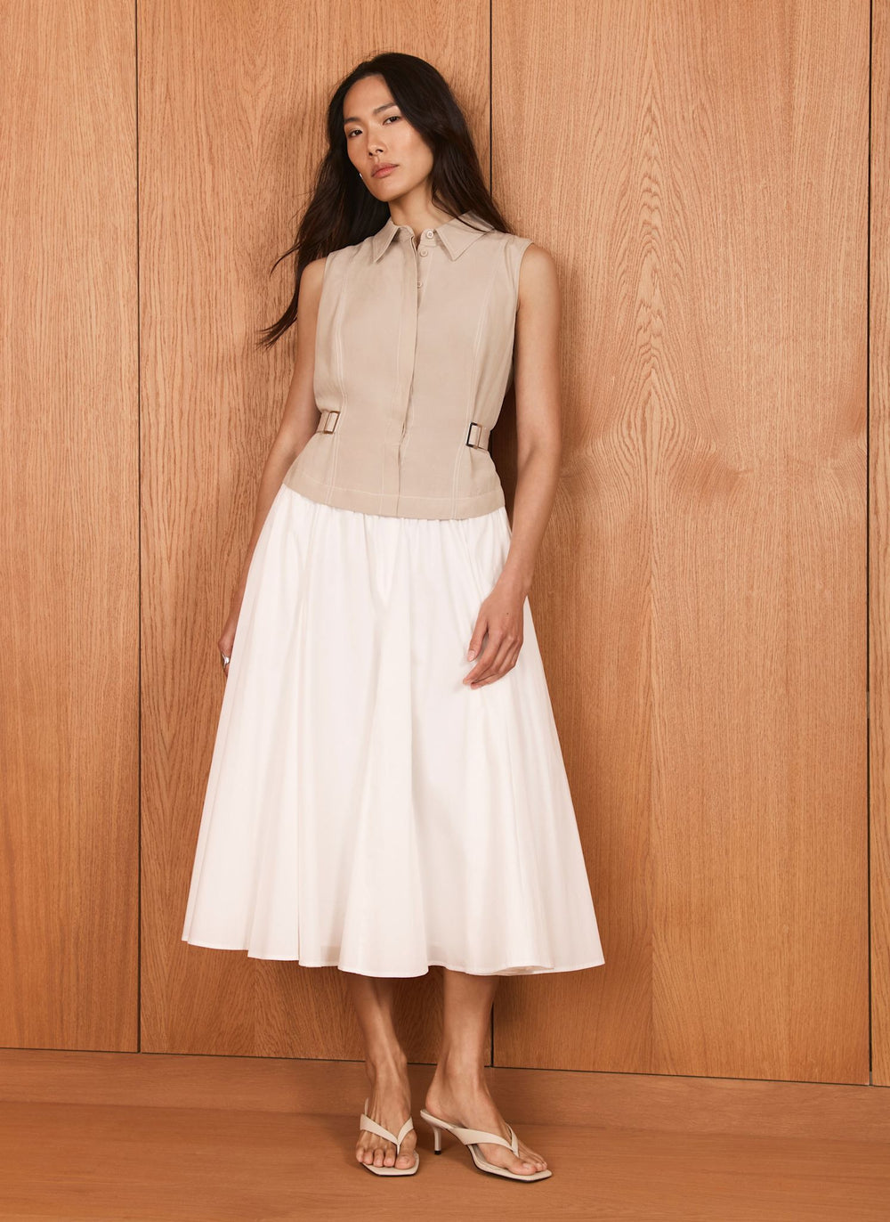 Neutral Waistcoat Layered Midi Dress