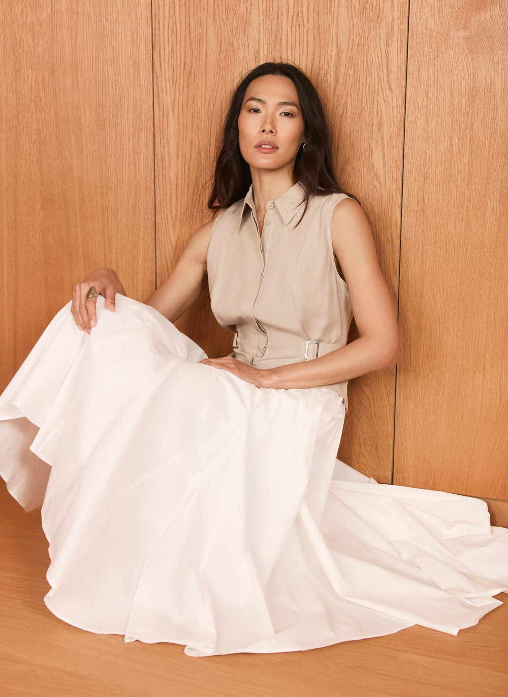 Neutral Waistcoat Layered Midi Dress