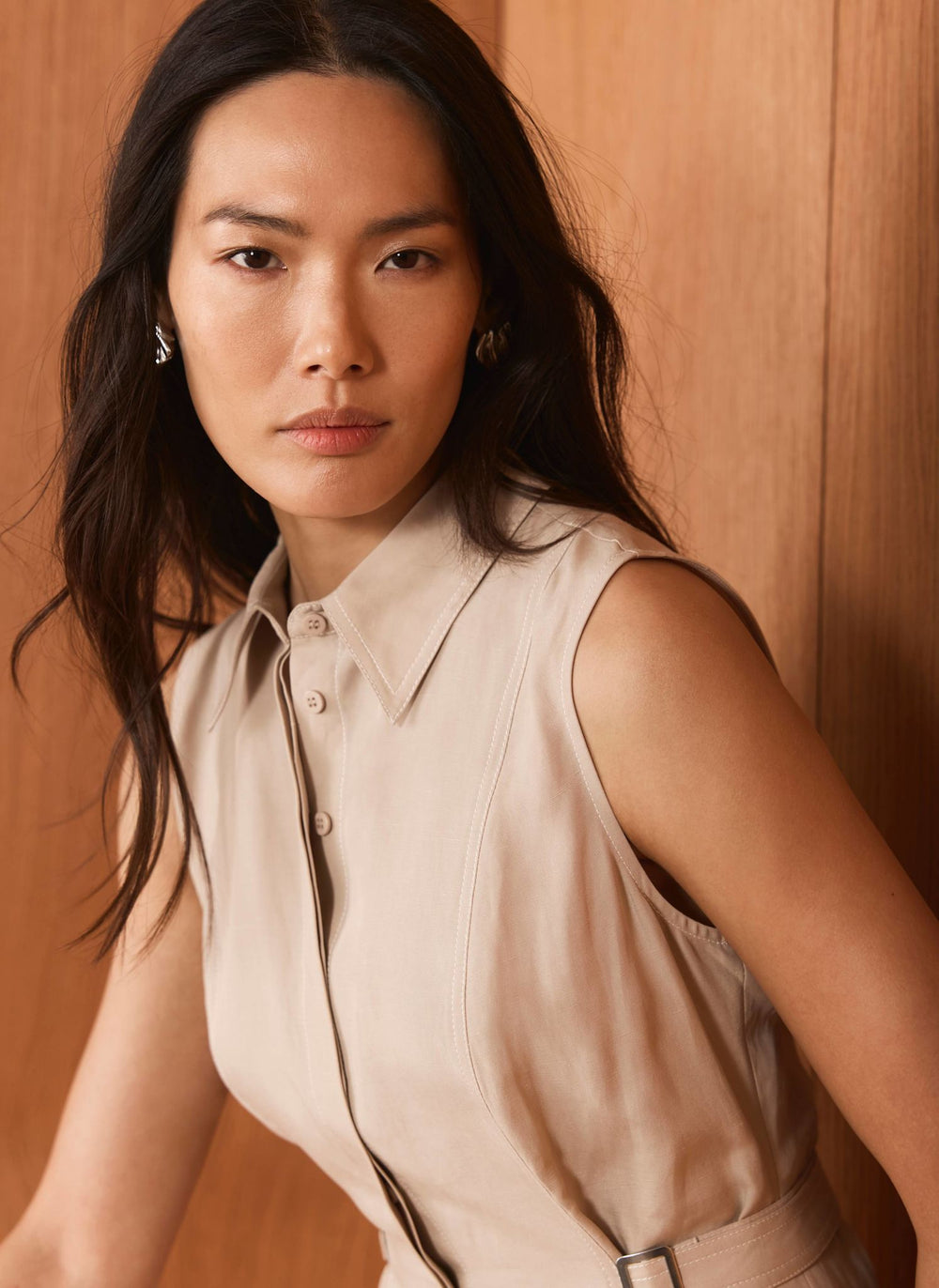 Neutral Waistcoat Layered Midi Dress