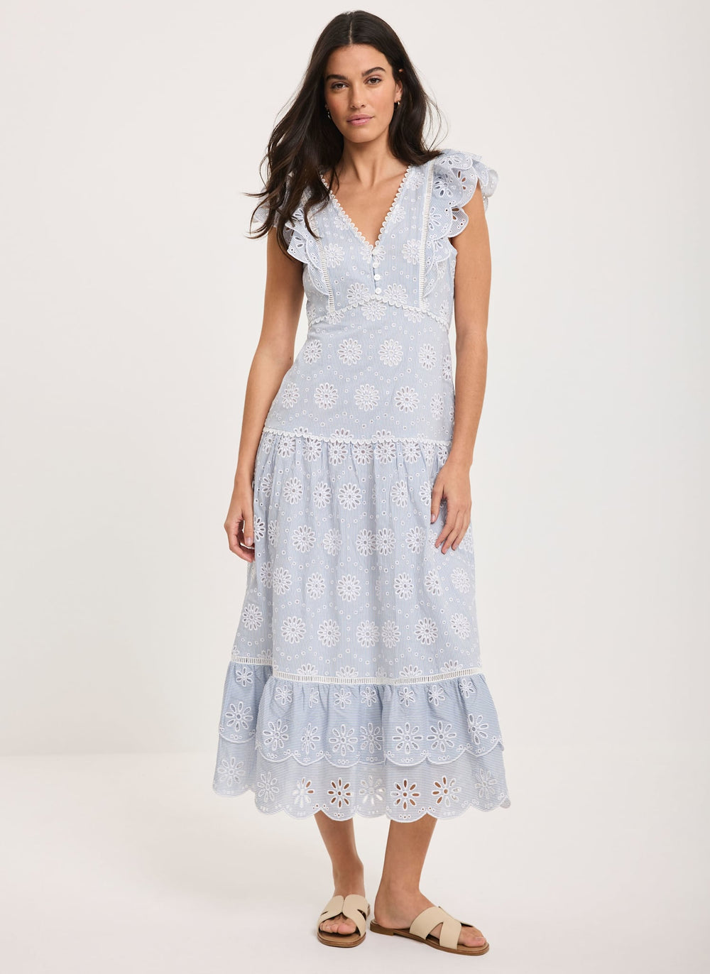 Blue Striped Broderie Midi Dress