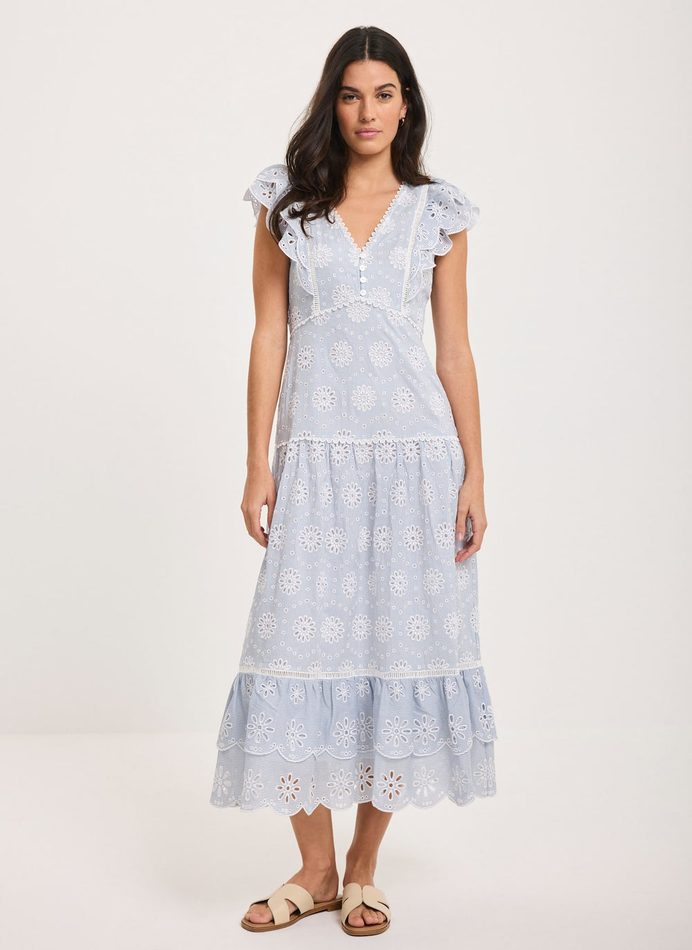 Blue Striped Broderie Midi Dress