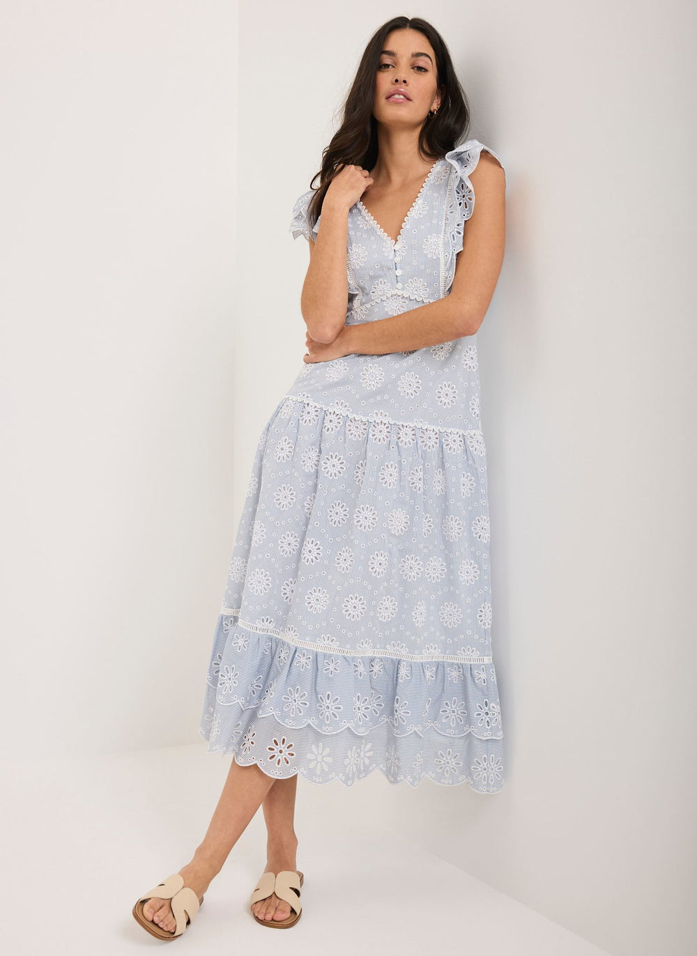 Blue Striped Broderie Midi Dress