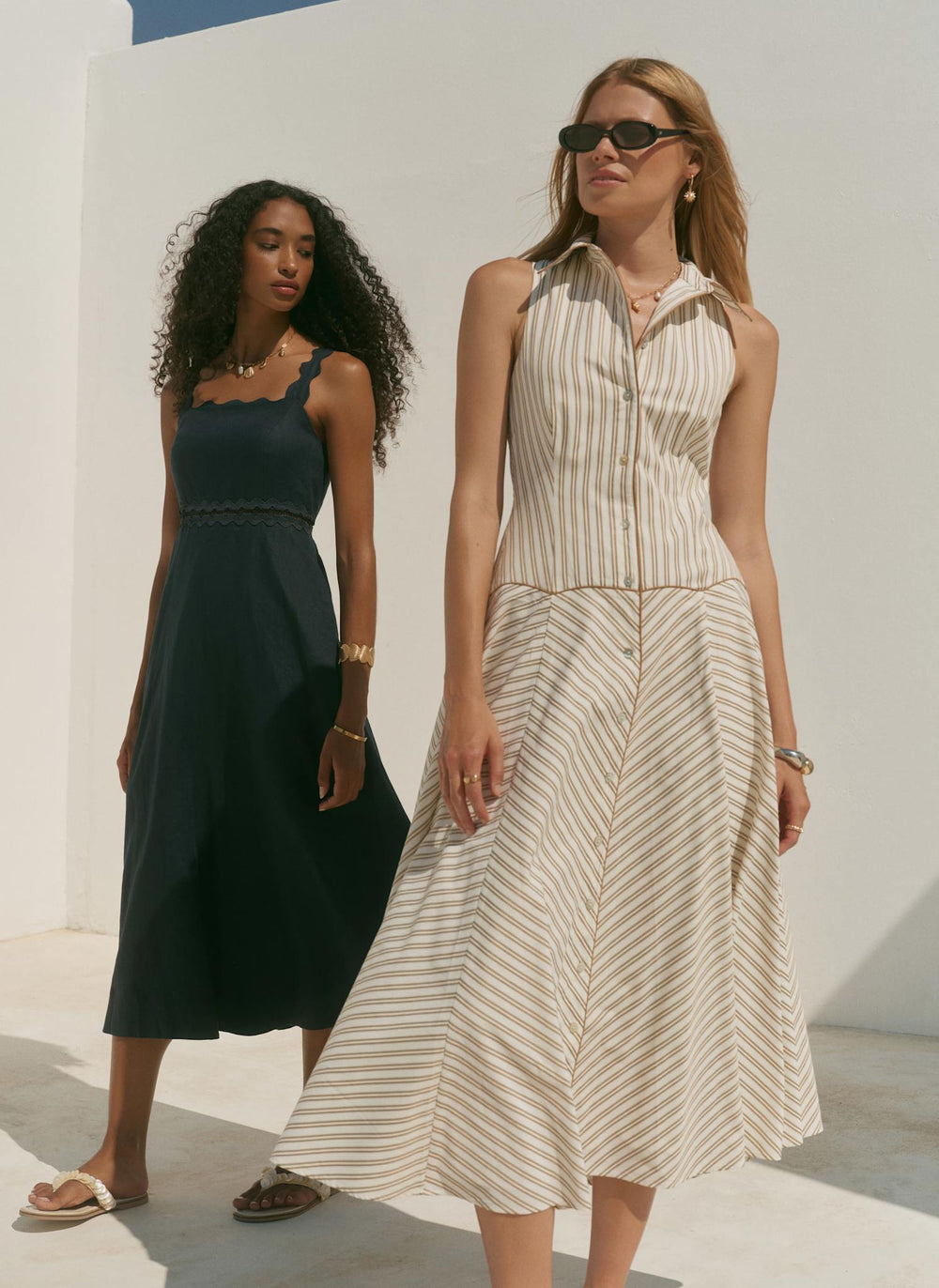 Neutral Cotton Blend Striped Midi Dress