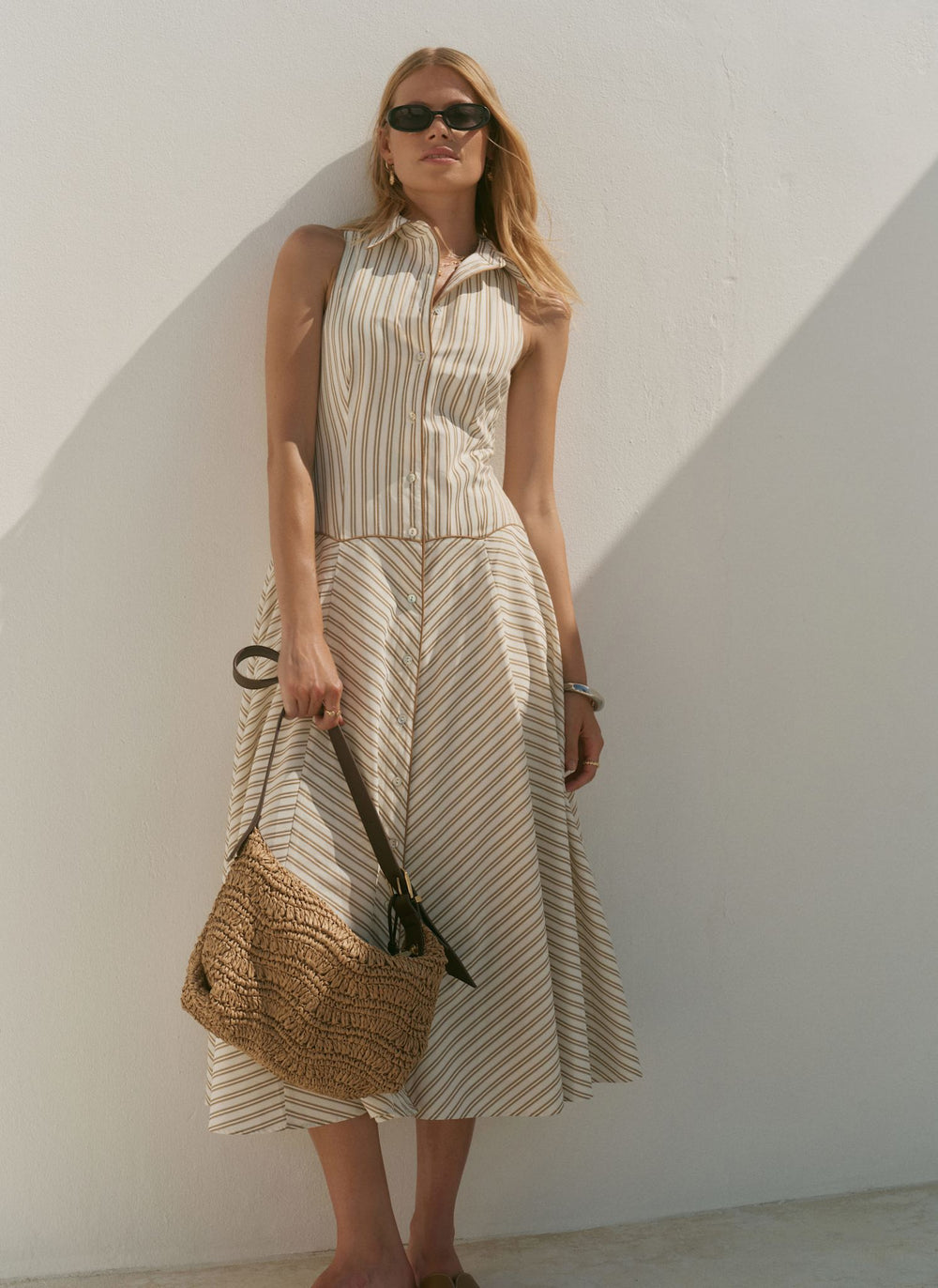 cotton striped midi dress Neutral Cotton Blend Striped Midi Dress – Mint Velvet