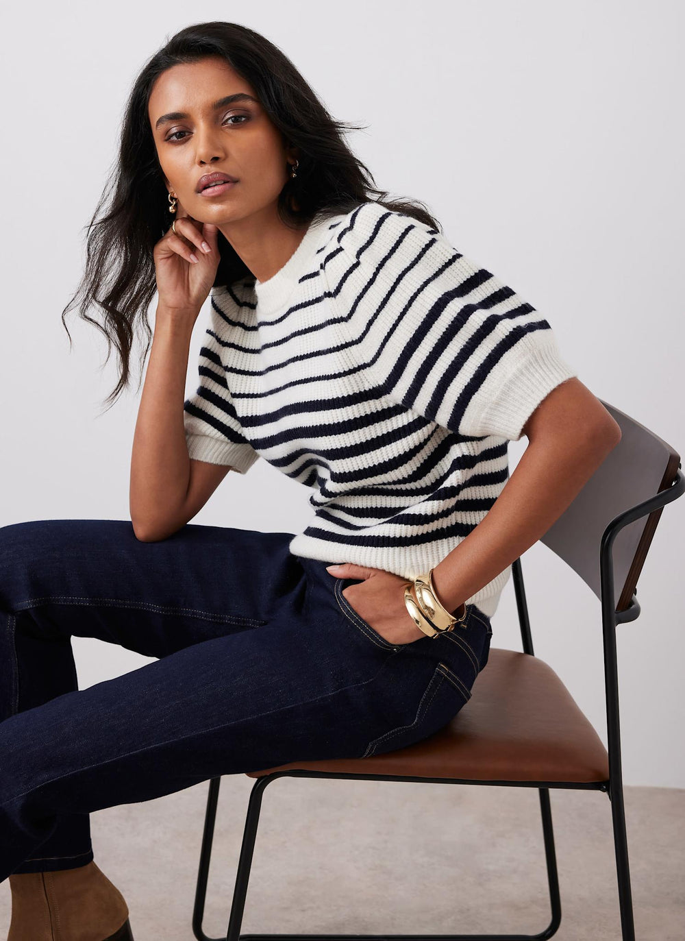 Navy Striped Puff Sleeve Knit Top
