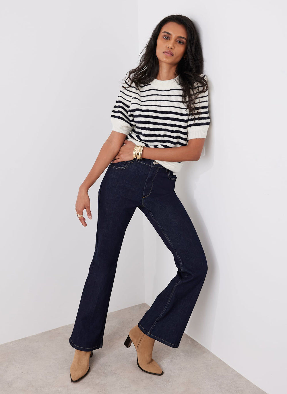 Navy Striped Puff Sleeve Knit Top