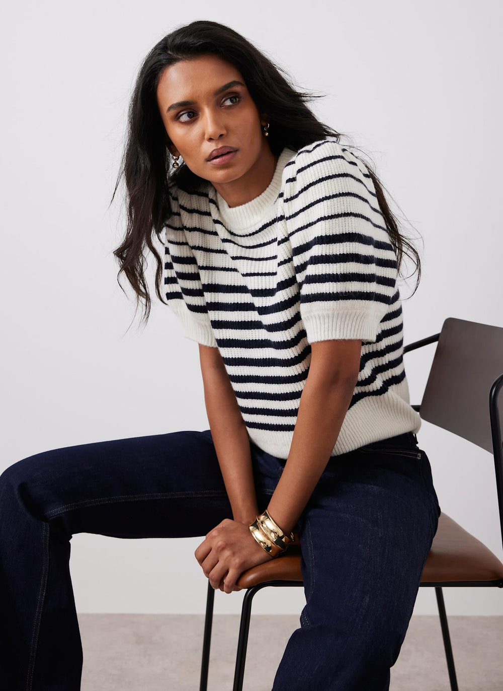 Navy Striped Puff Sleeve Knit Top