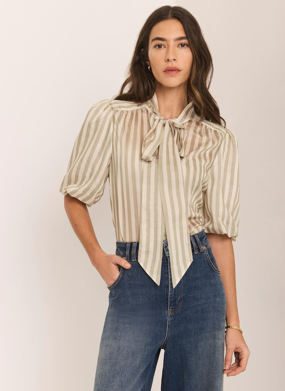 Green Striped Puff Sleeve Blouse