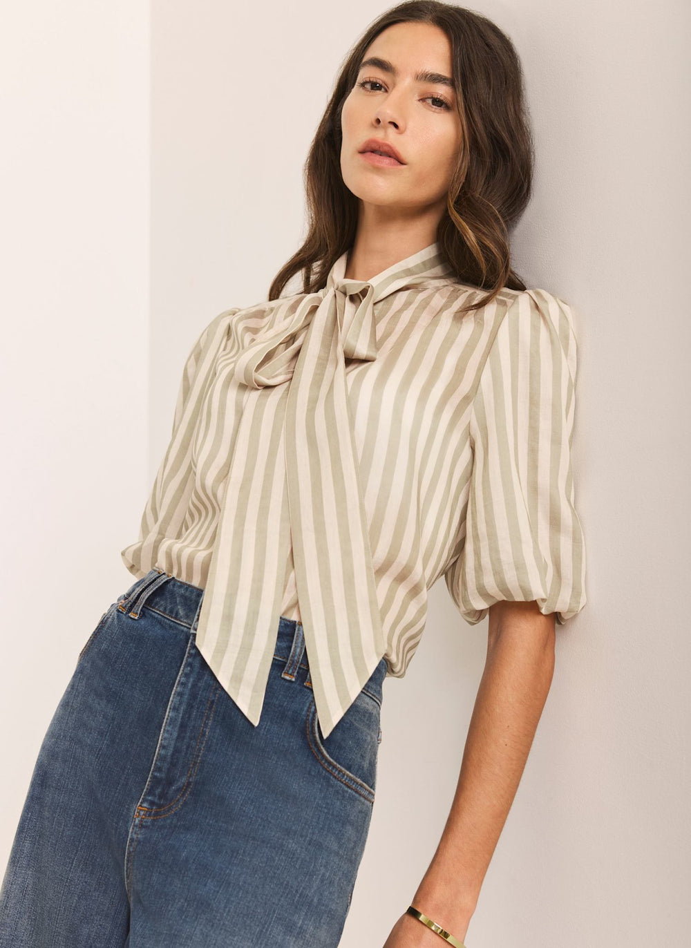 Green Striped Puff Sleeve Blouse