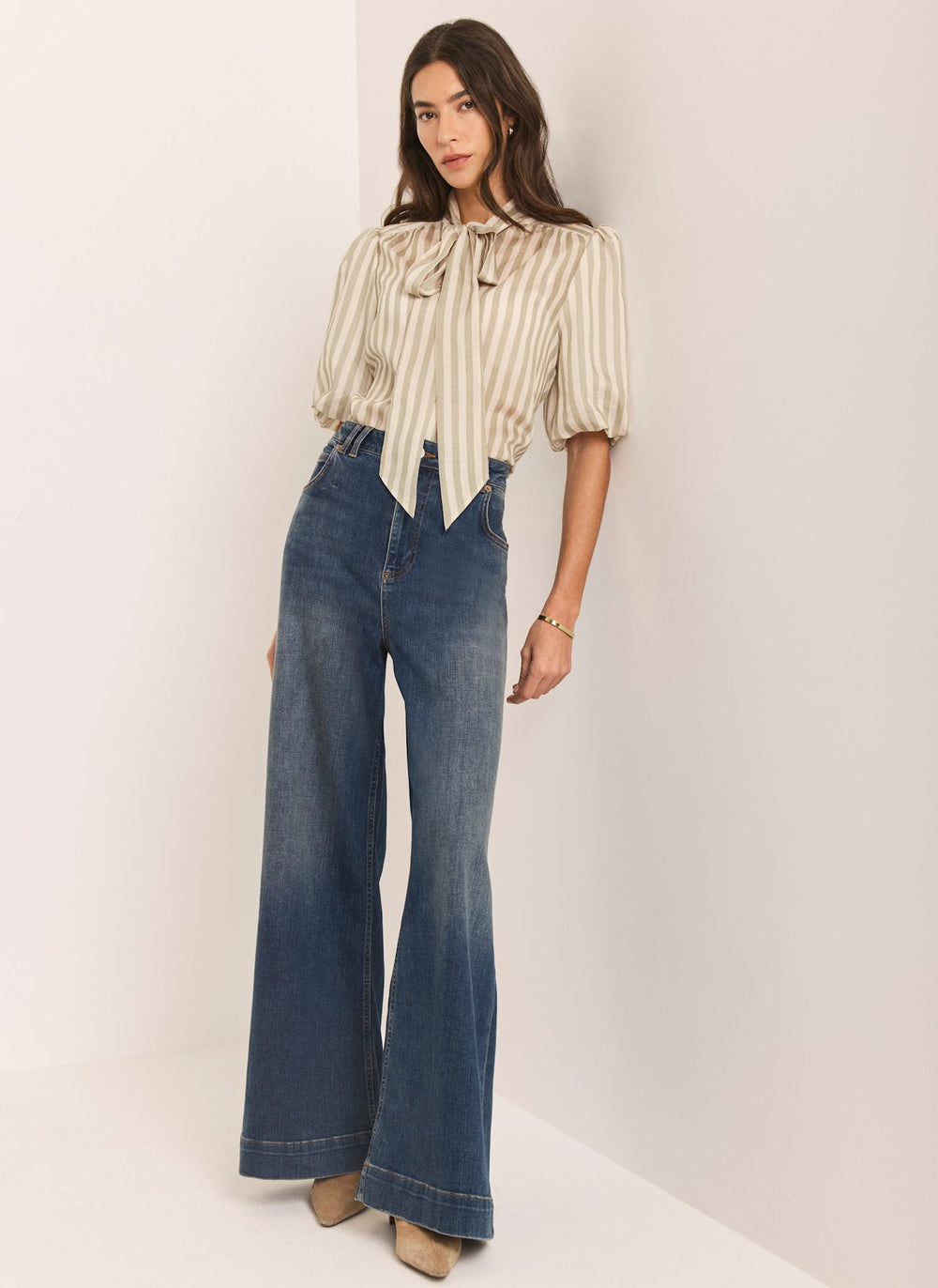 Green Striped Puff Sleeve Blouse