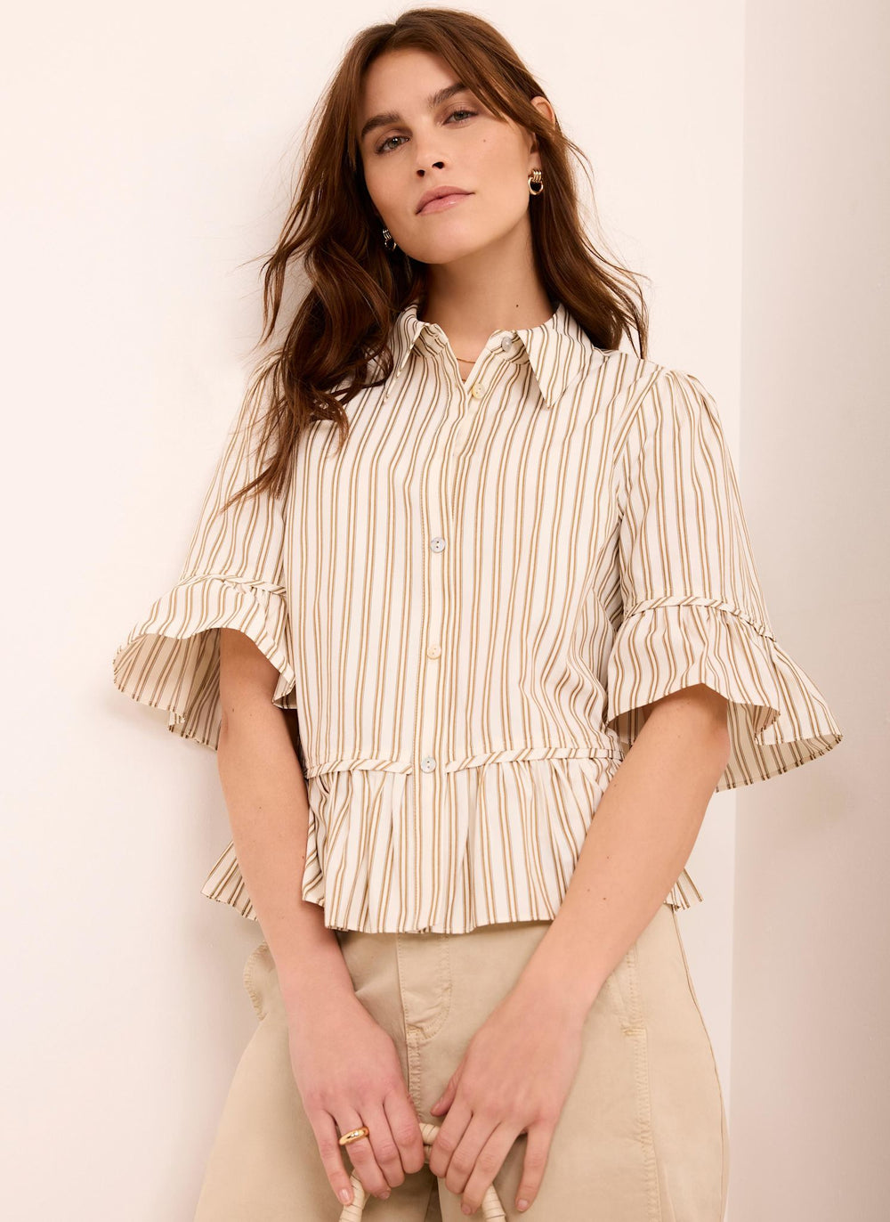 Neutral Striped Ruffle Trim Shirt