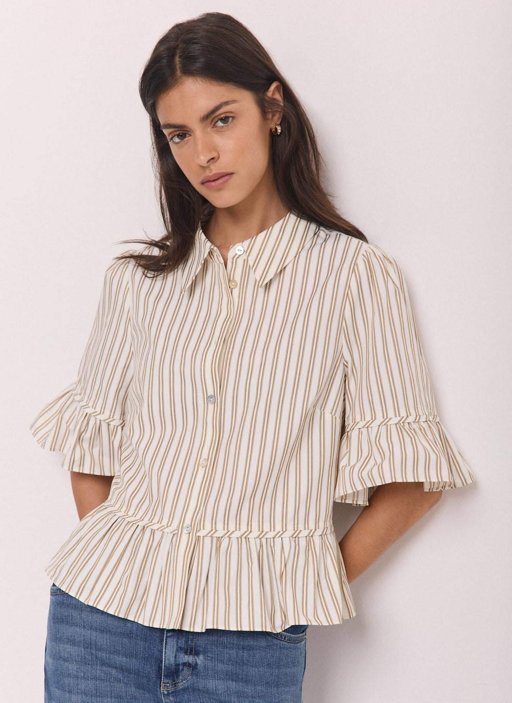 Neutral Striped Ruffle Trim Shirt