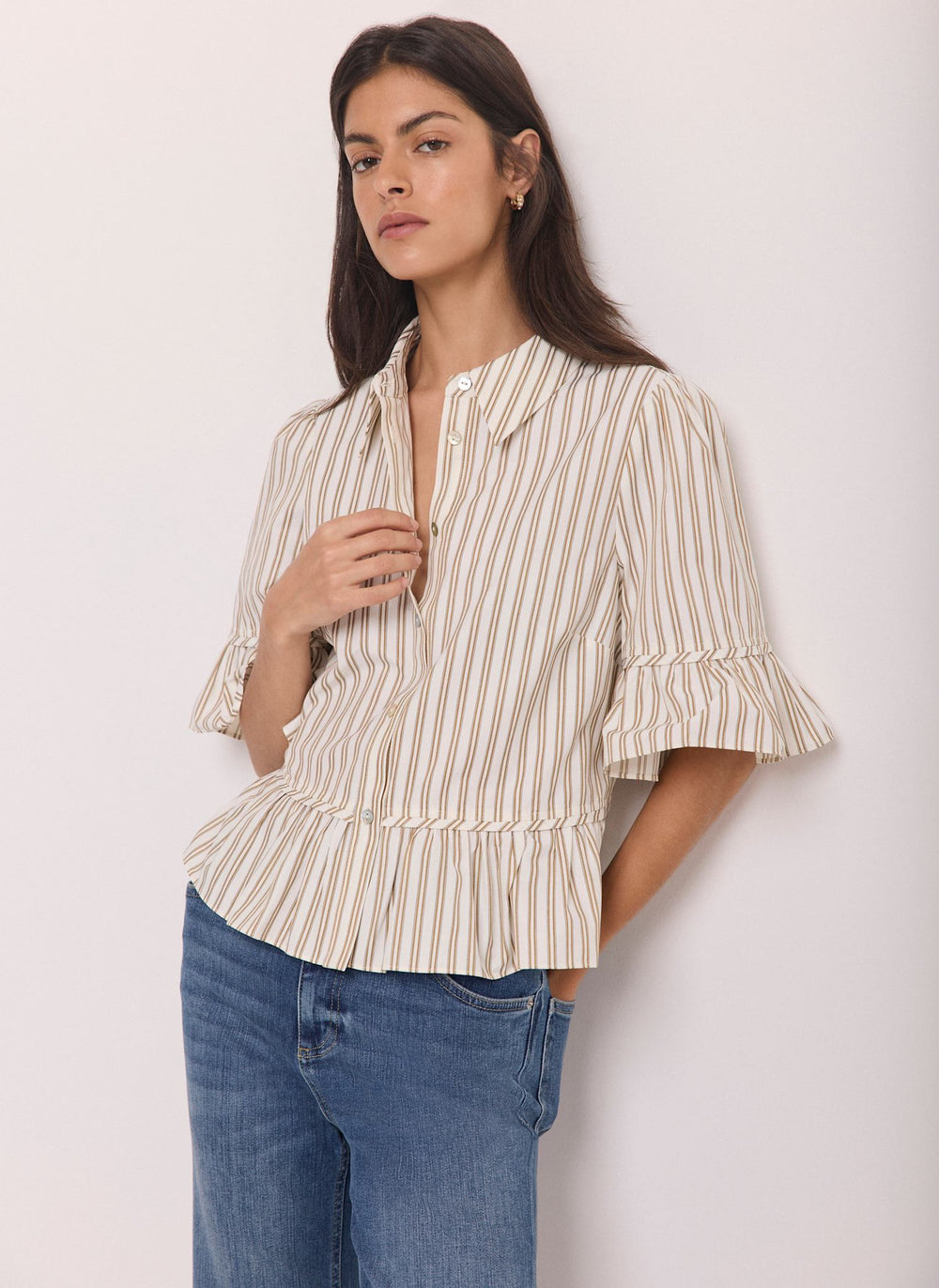 Neutral Striped Ruffle Trim Shirt