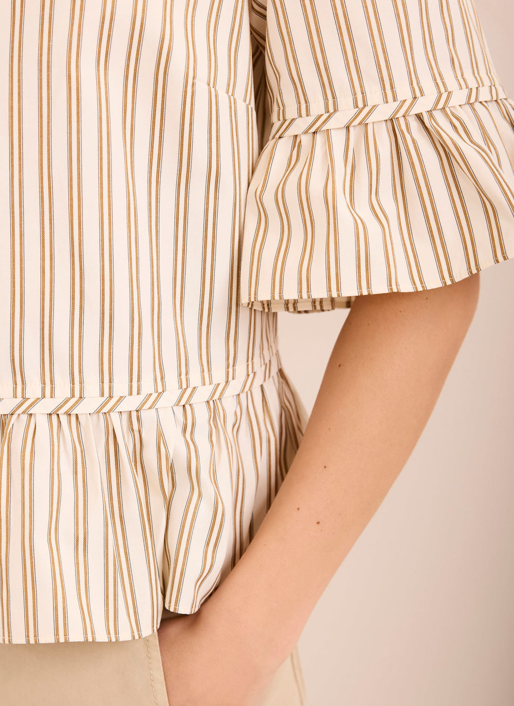 Neutral Striped Ruffle Trim Shirt