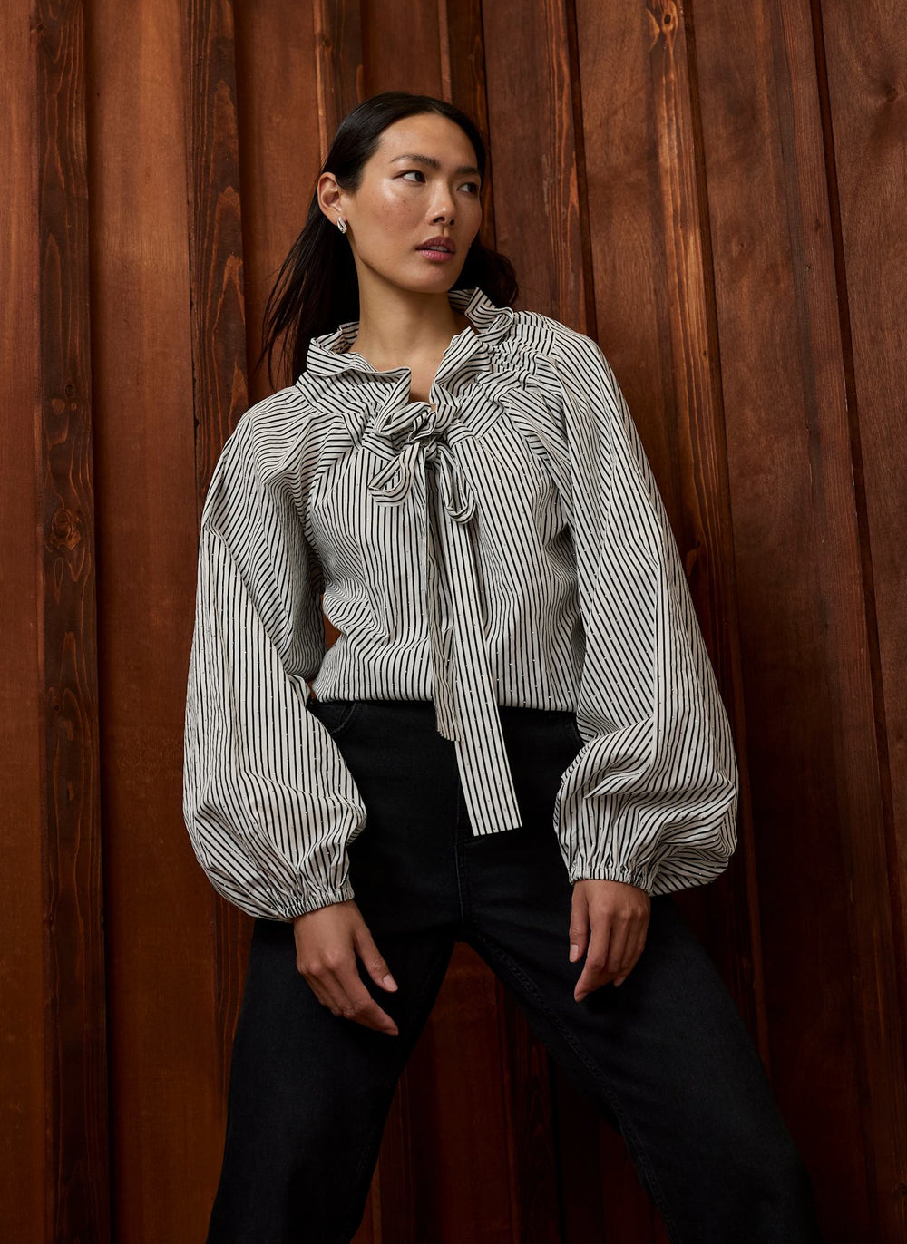 Grey Striped Cotton Statement Collar Blouse