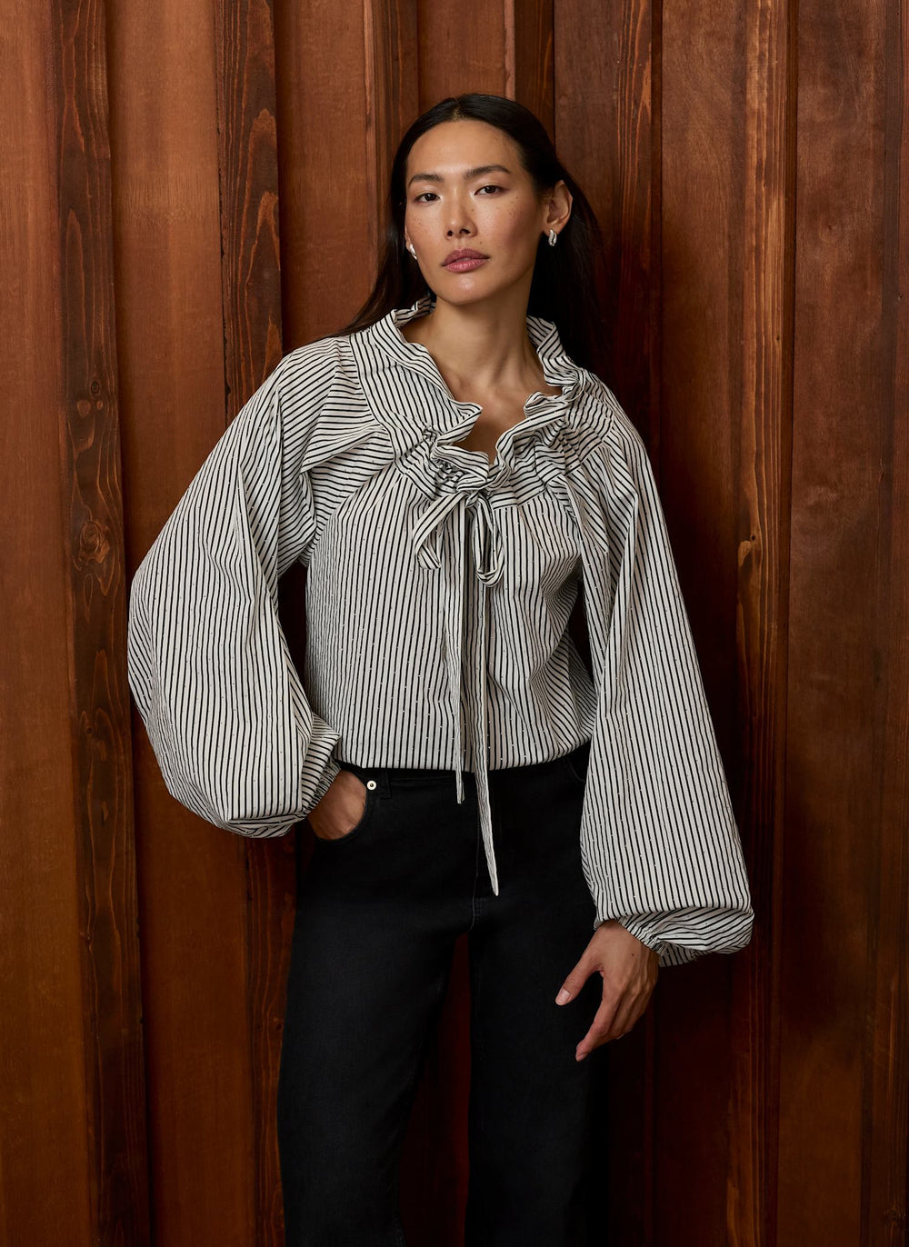 Grey Striped Cotton Statement Collar Blouse