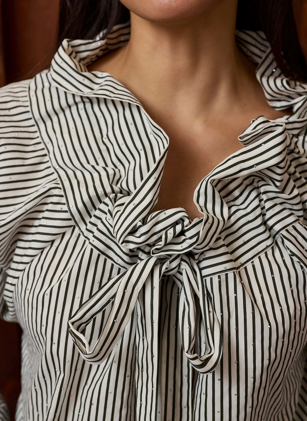 Grey Striped Cotton Statement Collar Blouse