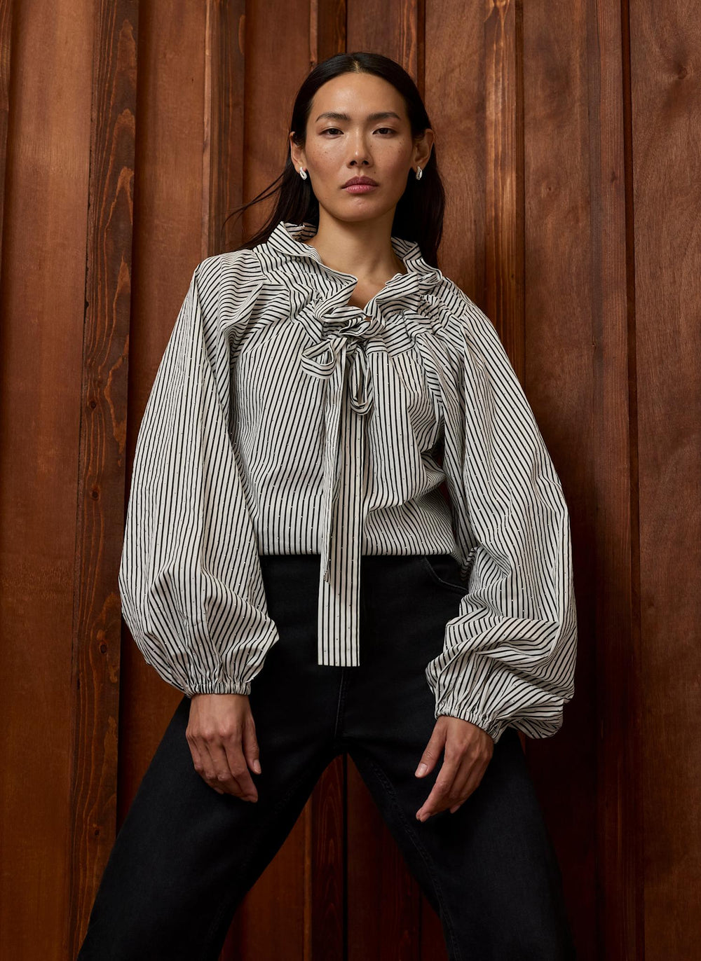 Grey Striped Cotton Statement Collar Blouse