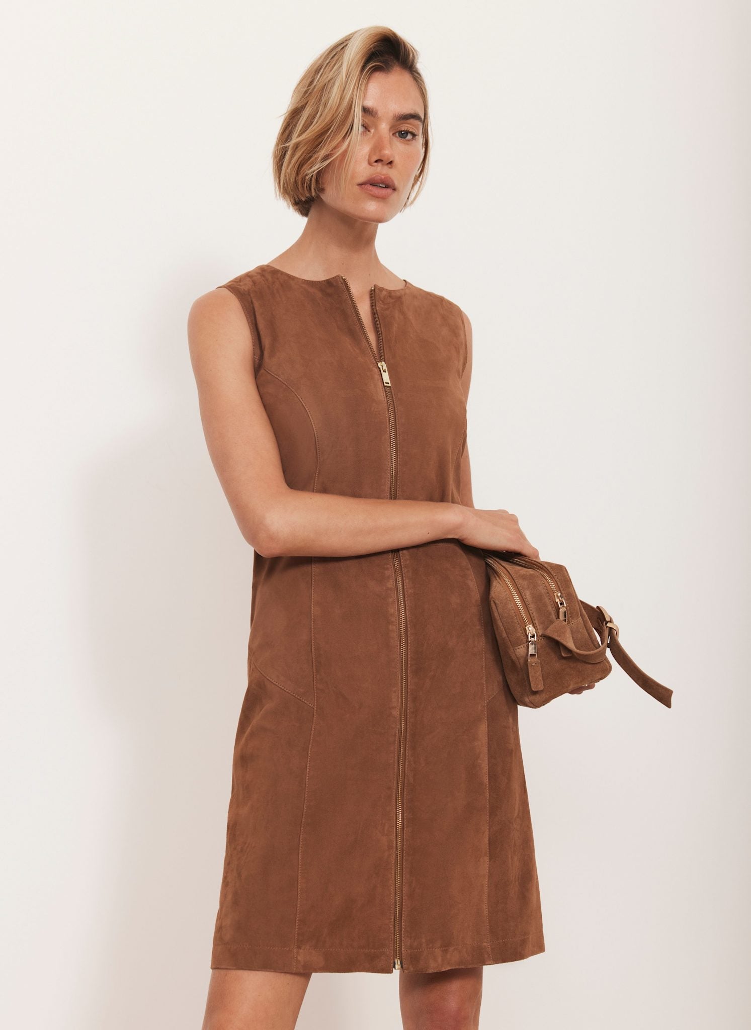 Neutral Suede Shift Mini Dress – Mint Velvet