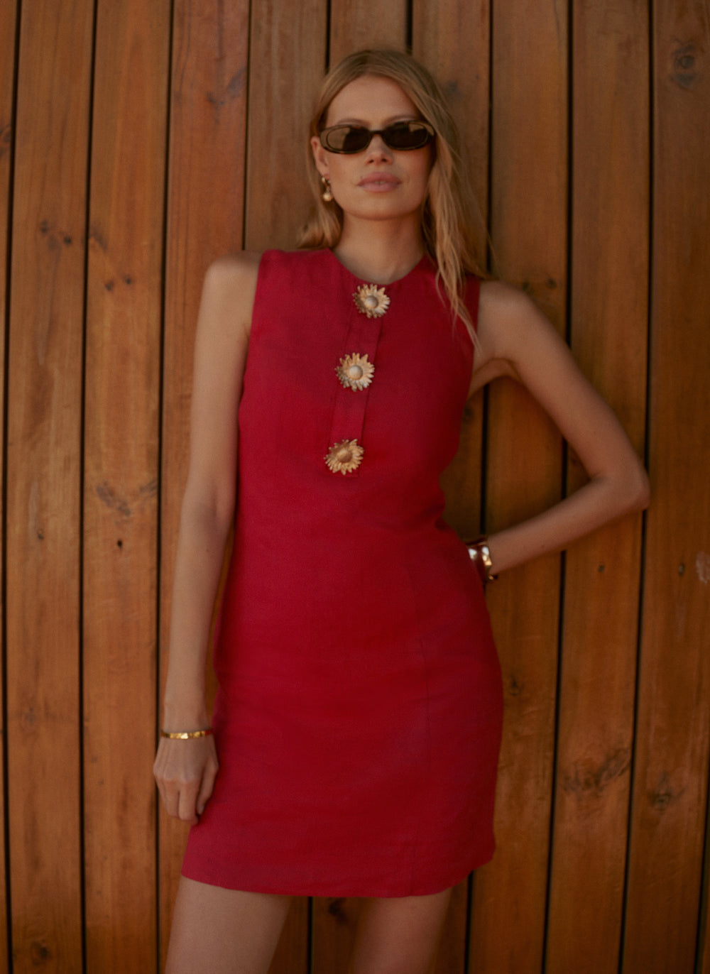 Red Linen Sunray Button Mini Dress – Mint Velvet