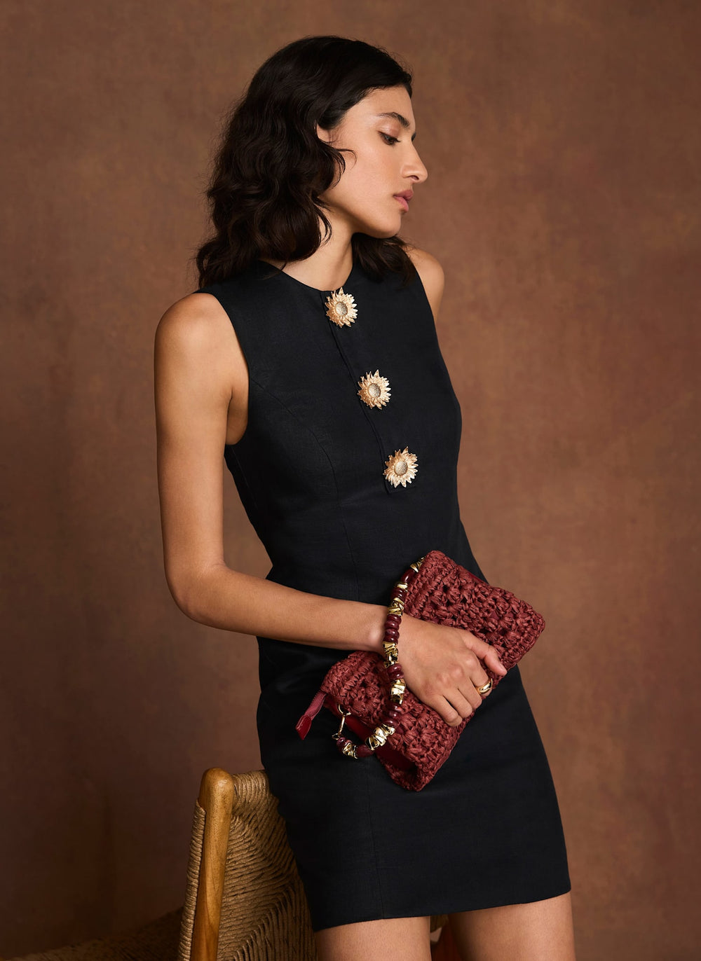 Black Linen Sunray  Button Mini Dress