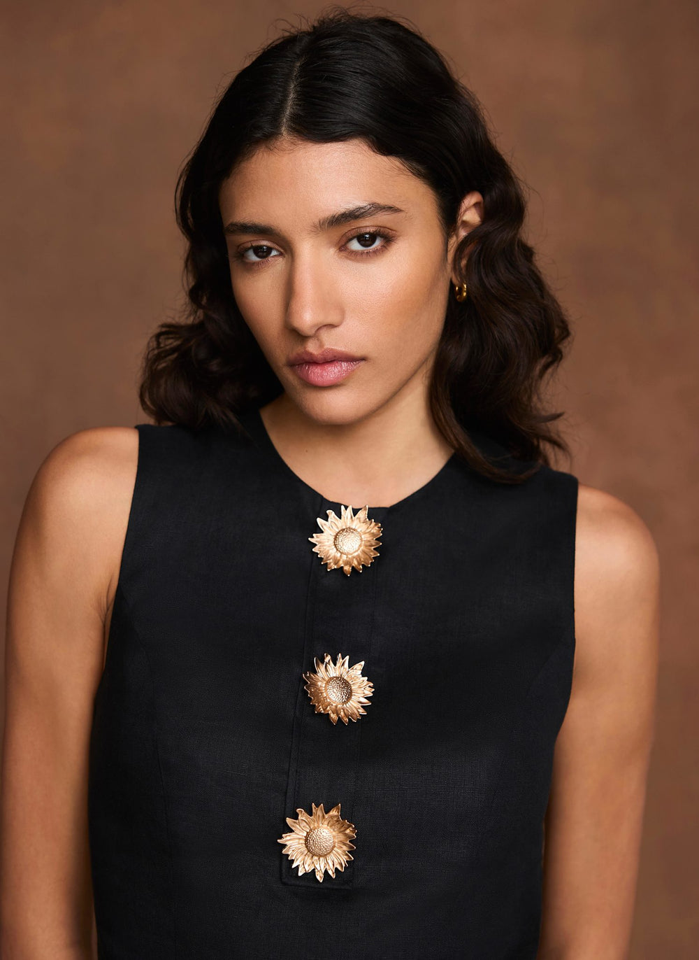 Mint Velvet Black Beige Sunray Button Mini Dress | Size 04 | Black | Sleeveless | Crew Neck