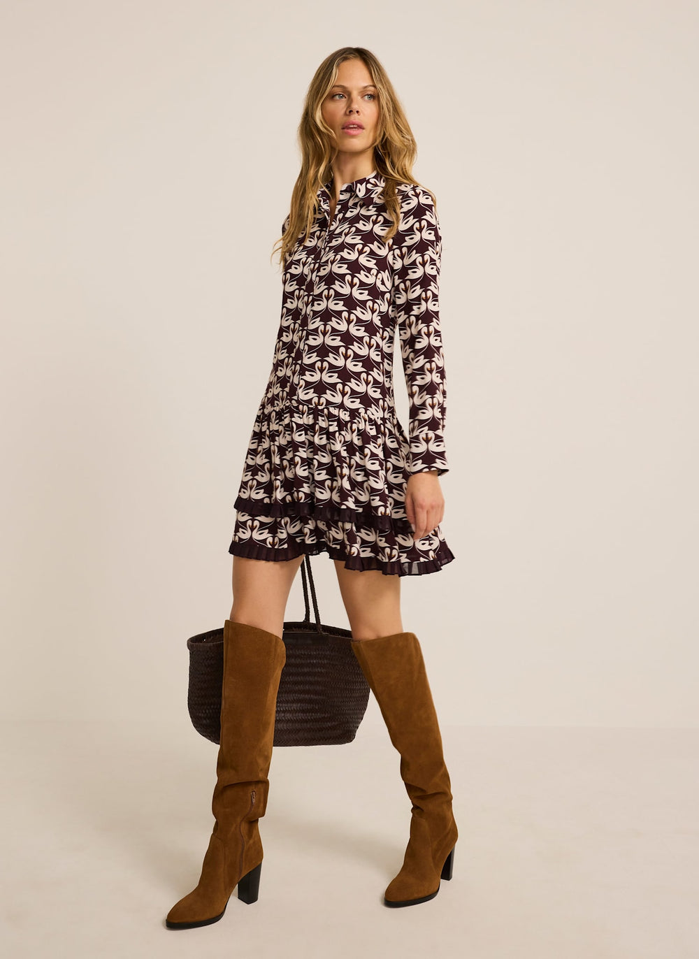 Burgundy Swan Print Mini Dress