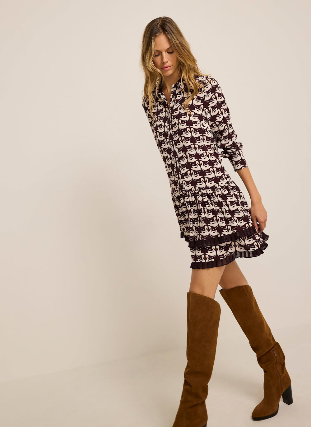 Burgundy Swan Print Mini Dress