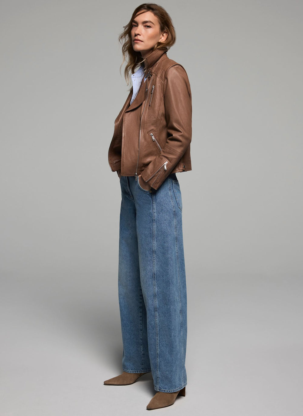 Tan Leather Longline Biker Jacket