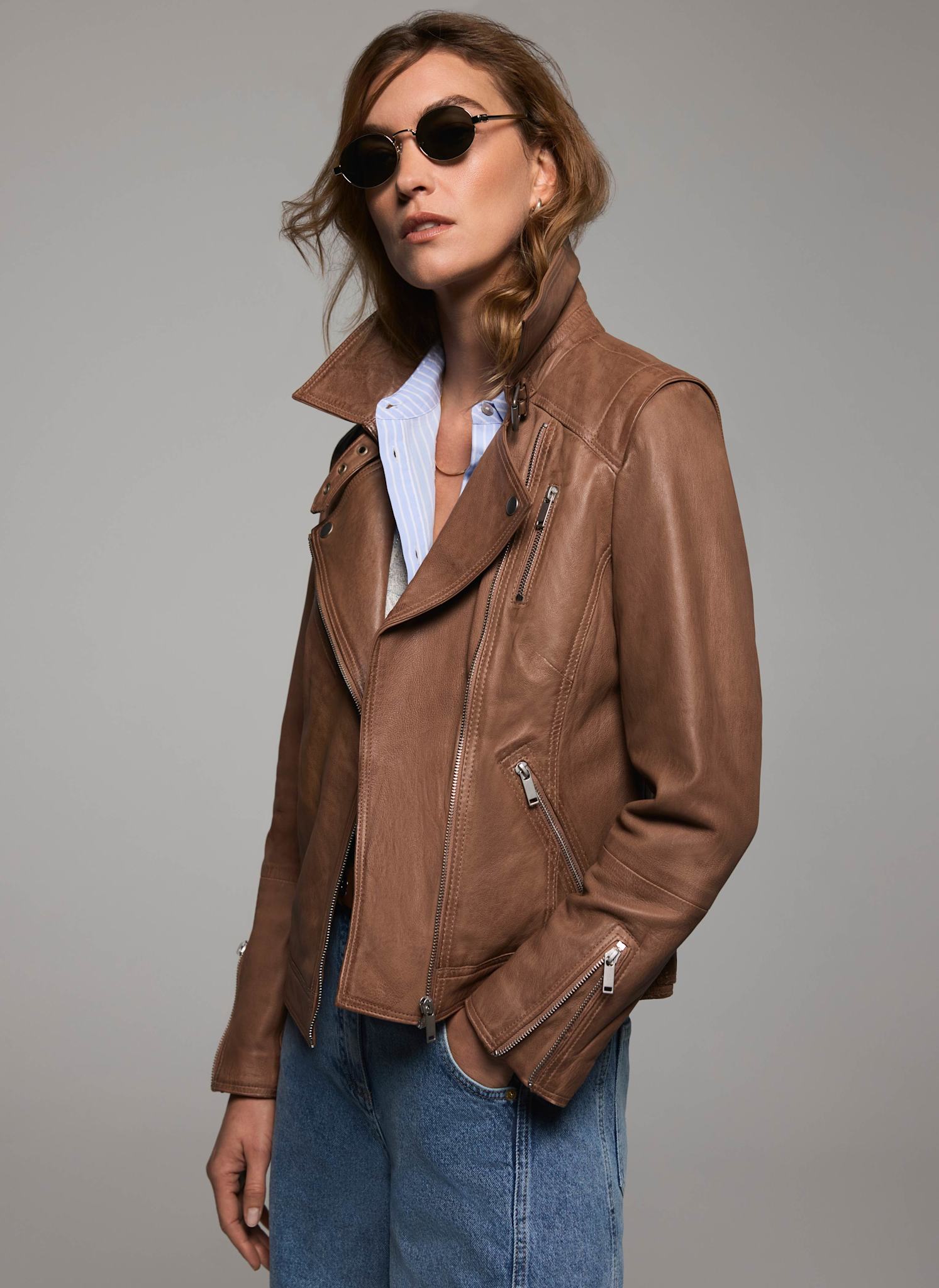 Tan Leather Longline Biker Jacket – Mint Velvet