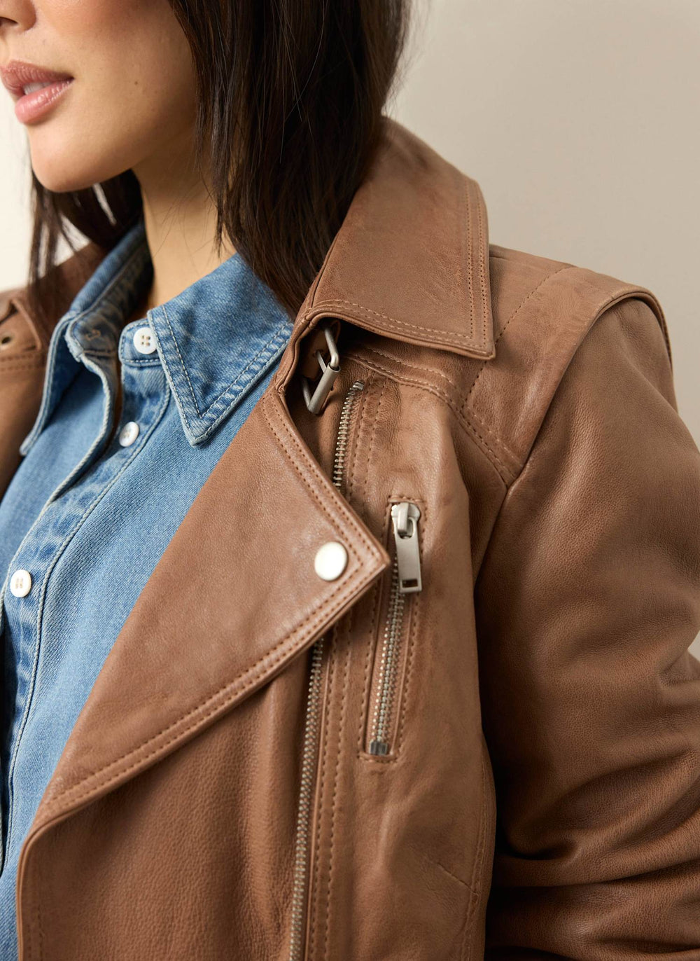 Tan Leather Longline Biker Jacket