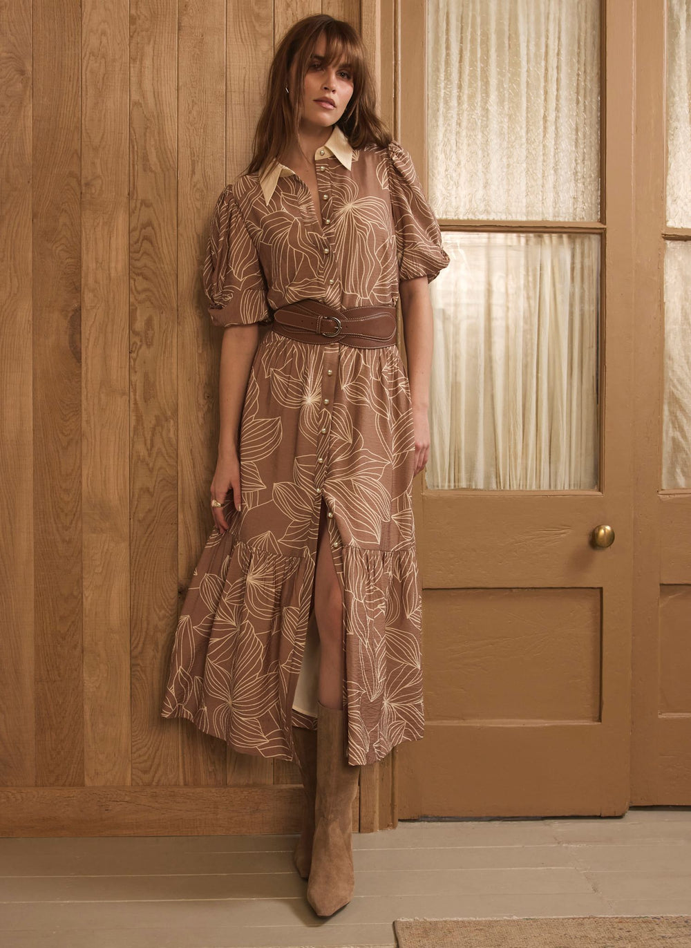 Brown Floral Print Maxi Shirt Dress