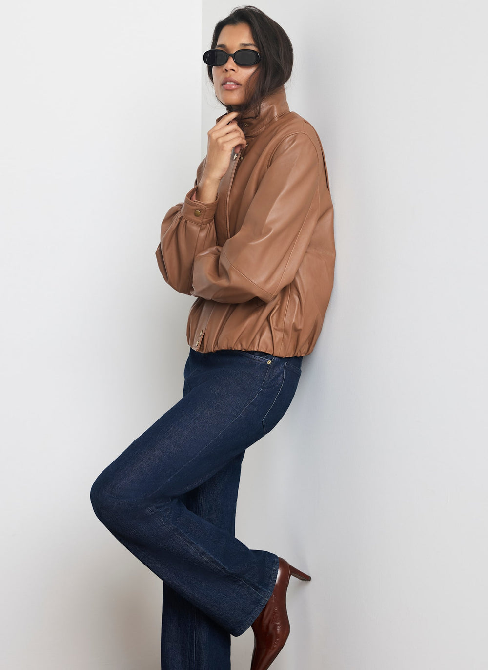 Tan Leather Ultimate Funnel Neck Bomber Jacket