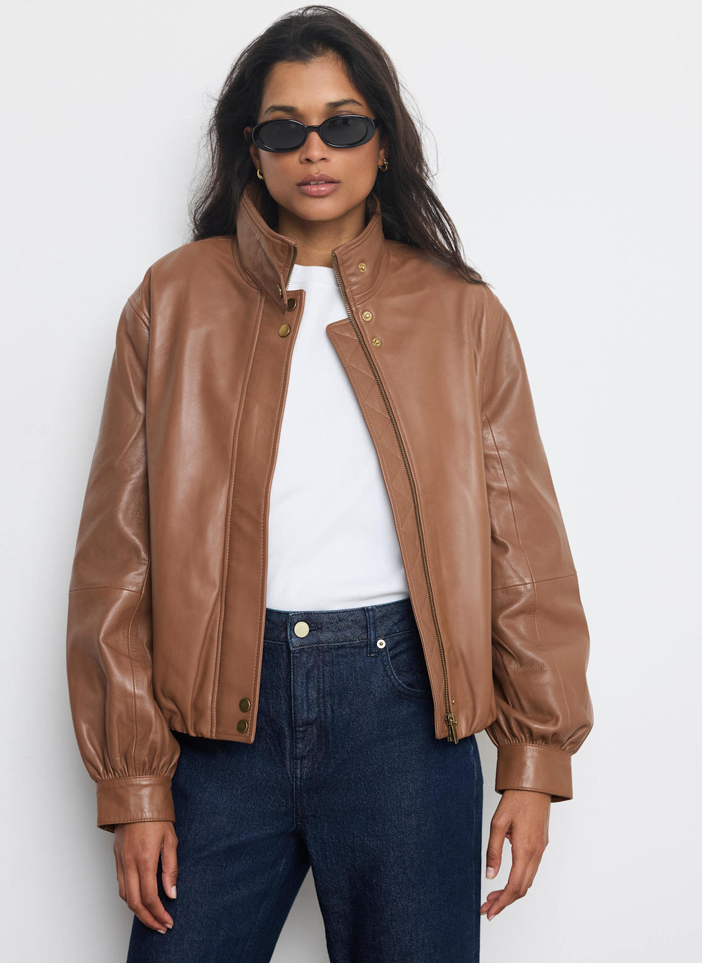 Tan Leather Ultimate Funnel Neck Bomber Jacket