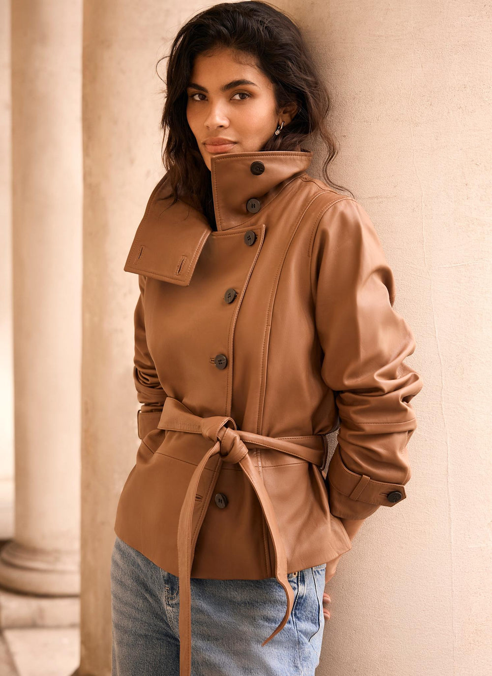 Tan Leather Funnel Neck Trench Jacket