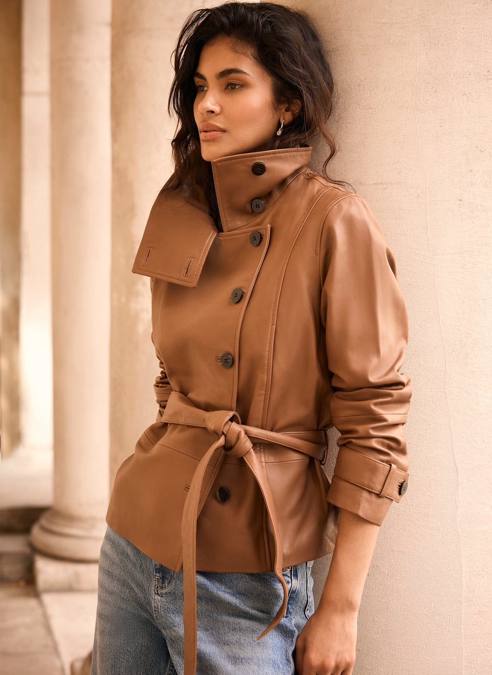 Tan Leather Funnel Neck Trench Jacket