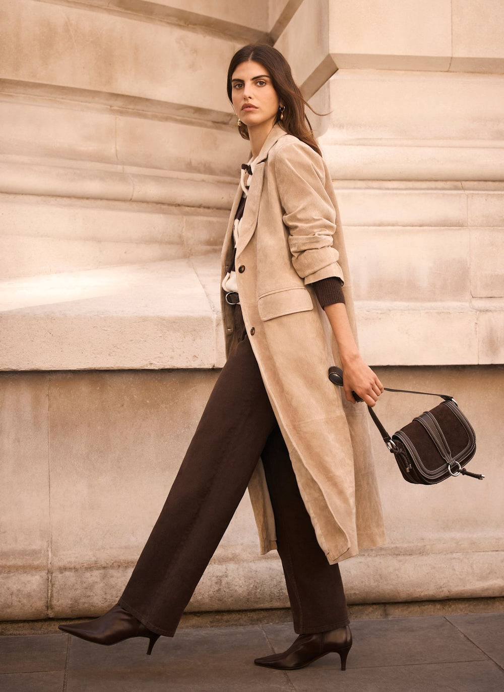 Neutral Suede Longline Trench Coat