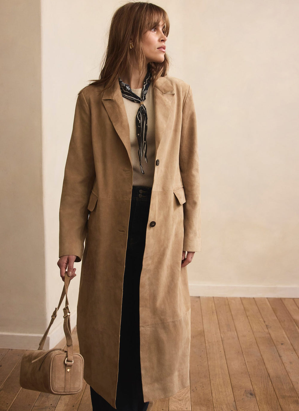 Neutral Suede Longline Trench Coat