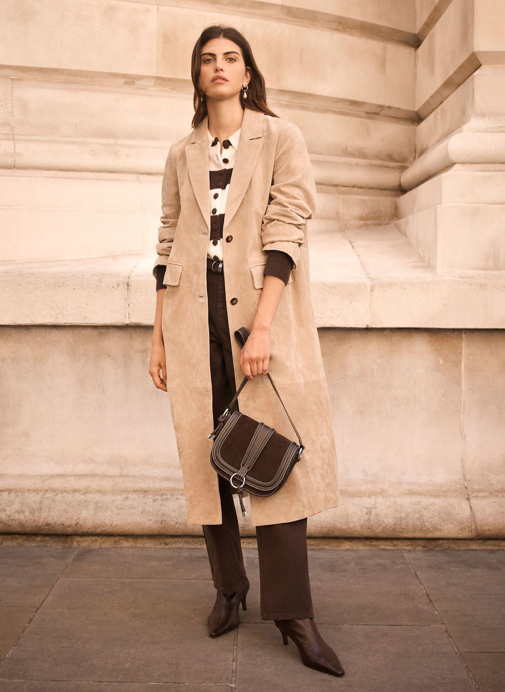 Neutral Suede Longline Trench Coat