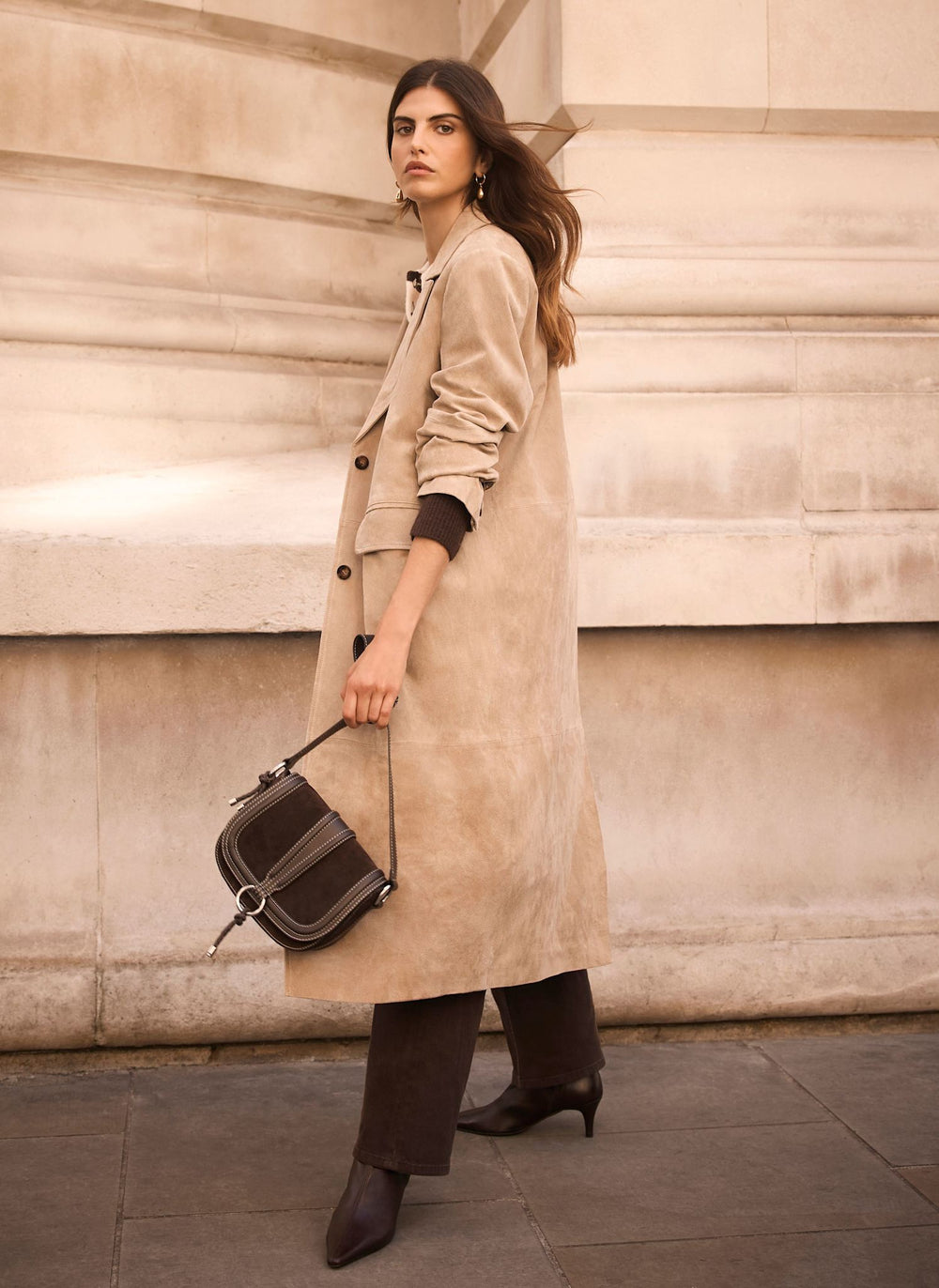 Neutral Suede Longline Trench Coat
