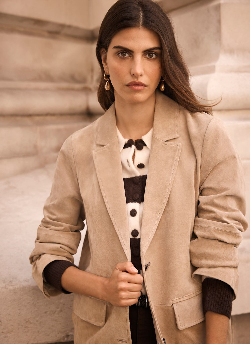 Neutral Suede Longline Trench Coat