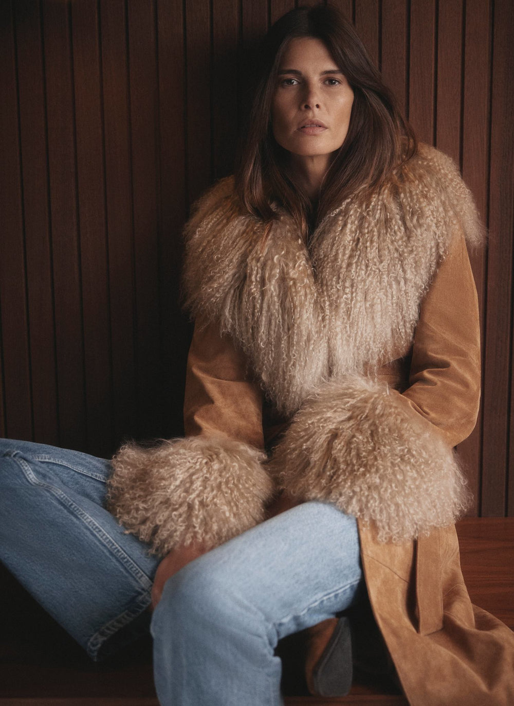 Tan Suede Mongolian Fur Trim Coat